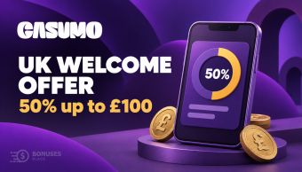 Casumo UK welcome offer illustration with a smartphone displaying 50% and stylised pound coins on a purple background.