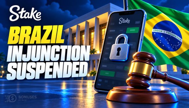 Locked smartphone beside a judge’s gavel and Brazilian flag, illustrating the suspension of Stake Brazil’s injunction.