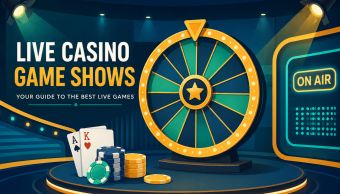 Live casino game show studio with glowing wheel and host facing camera under soft studio lights