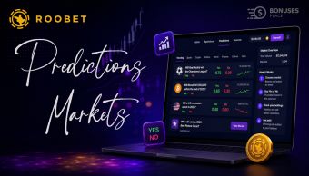 Roobet Prediction Markets interface showing live event markets, Yes and No positions, crypto and sports predictions on a futuristic trading dashboard