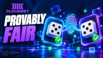 Cloudbet provably fair verification illustrated by two matching dice results linked by a cryptographic fingerprint.