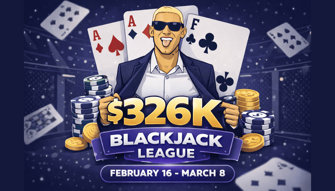 Roobet $326K Blackjack League promo banner featuring a player with oversized playing cards and $326K prize highlight