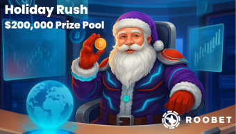 Futuristic Santa in a high-tech control room holding a Bitcoin coin, used as the main visual for Roobet&rsquo;s $200,000 Holiday Rush promotion.