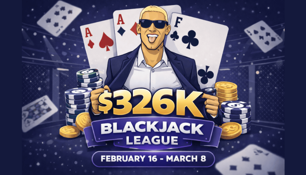 Roobet $326K Blackjack League promo banner featuring a player with oversized playing cards and $326K prize highlight
