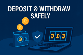 Hero illustration showing a crypto casino wallet, laptop, and shield symbolizing safe crypto deposits and withdrawals