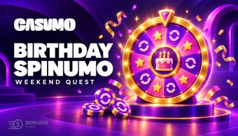 Casumo Birthday Spinumo purple and gold reward wheel with birthday decorations and three weekend quest tokens.