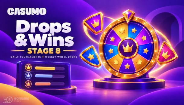Casumo Drops & Wins Stage 8 promotional graphic with a prize wheel and tournament leaderboard