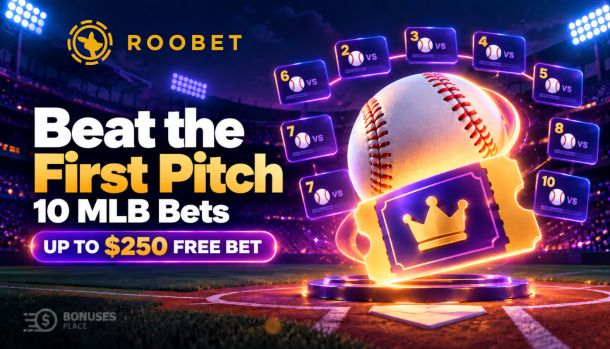 Illustrated baseball stadium with glowing baseball, matchup cards and a free bet ticket for Roobet's Beat the First Pitch.