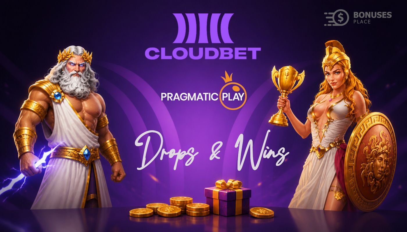 Cloudbet Drops and Wins Pragmatic Play promotion visual with mythological characters and rewards