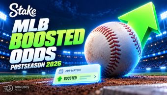 Baseball and boosted odds illustration for Stake’s 2026 MLB postseason promotion.