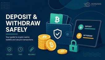 Illustration showing a crypto casino wallet, laptop, and shield symbolizing safe crypto deposits and withdrawals