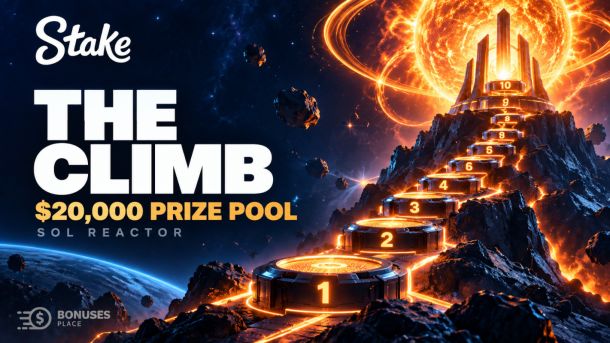 Stake The Climb tournament banner with a cosmic ascent, glowing solar reactor and $20,000 prize pool.