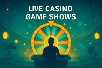 Live casino game show studio with glowing wheel and host facing camera under soft studio lights