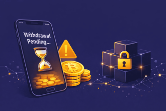 Crypto withdrawal pending on a smartphone with warning icon, Bitcoin coins and secured vault.