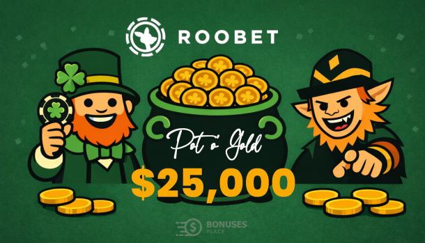 Roobet $25,000 Pot O' Gold promotion illustration with a gold coin pot and two leprechauns