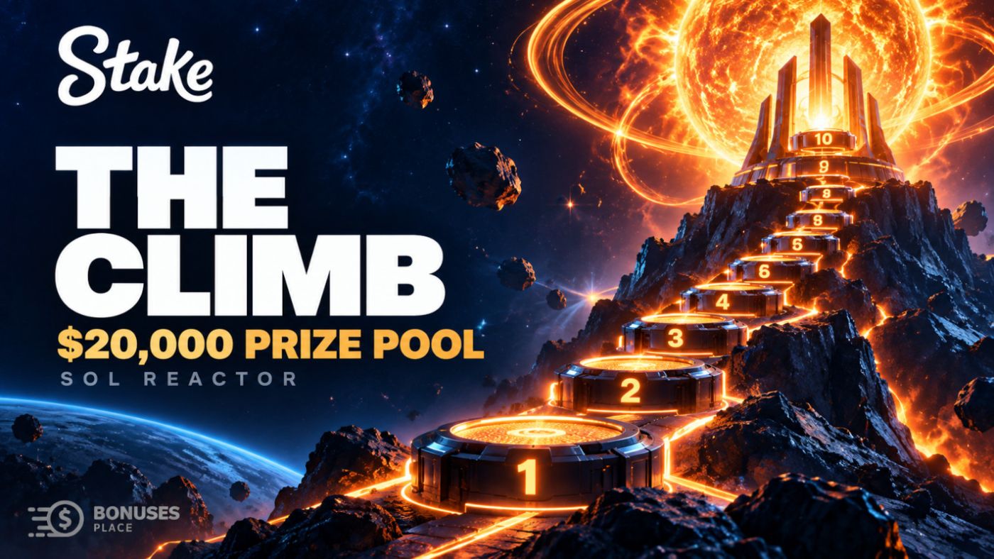 Stake The Climb tournament banner with a cosmic ascent, glowing solar reactor and $20,000 prize pool.