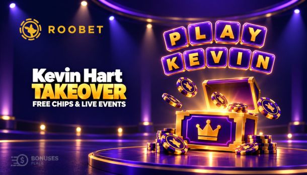 Roobet Kevin Hart Takeover illustration with PLAY and KEVIN letter tiles, casino chips and a purple-and-gold reward chest.