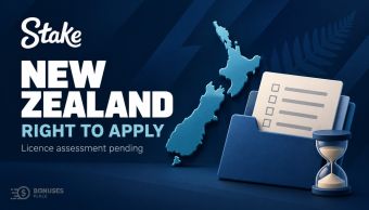 New Zealand map beside an application folder and hourglass, illustrating Stake’s pending casino licence assessment.