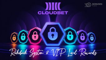 Cloudbet loyalty rewards concept with neon hexagon icons and padlocks representing VIP levels and rakeback system