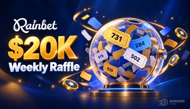 Rainbet $20K Weekly Raffle illustration with numbered tickets in a glass draw drum