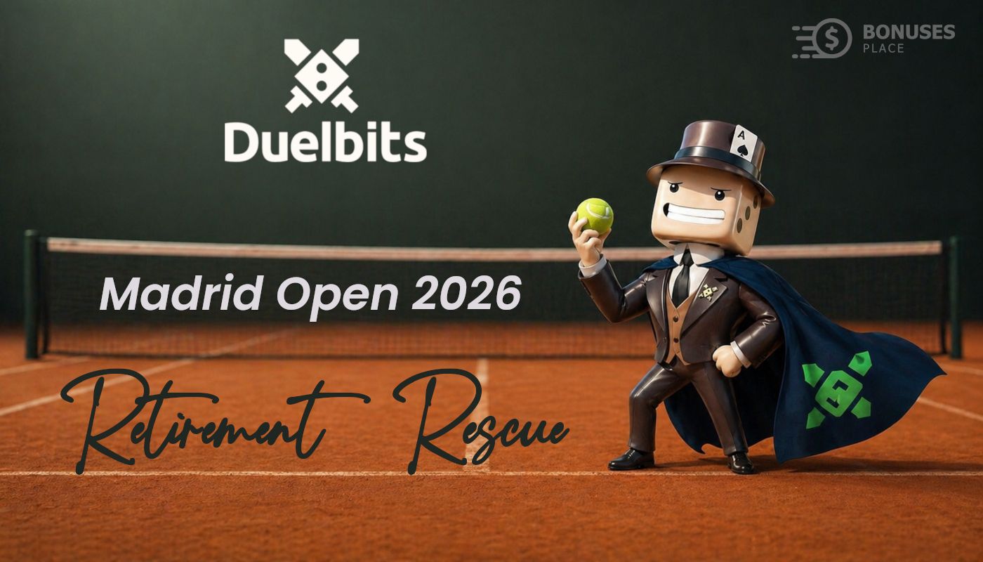 Duelbits style character holding a tennis ball on a clay court during Madrid Open