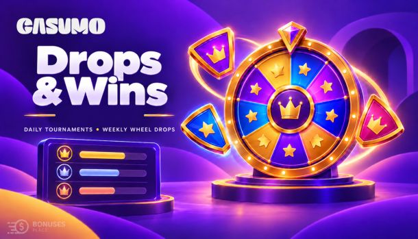 Casumo Drops & Wins promotional graphic with a prize wheel and tournament leaderboard