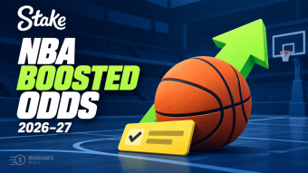 Stake NBA Boosted Odds 2026–27 with a basketball, an upward green arrow and a highlighted bet selection.
