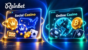 Rainbet US social casino and Rainbet.com crypto casino compared side by side, featuring virtual coins, a US map and cryptocurrency symbols.