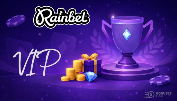 Rainbet VIP program illustration with trophy, coins and rewards in a purple casino theme