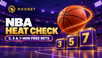 Roobet NBA Heat Check banner with a glowing basketball and 3, 5 and 7-win milestones.
