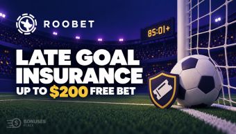 Roobet Late Goal Insurance illustration with a football at the goal line, an 85:01+ clock and a shield with a betting ticket.